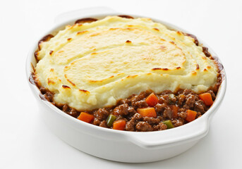 Creamy Mashed Potato Topped Shepherd's Pie with Ground Beef and Vegetables in a White Ceramic Dish