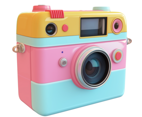 A vibrant pink and yellow camera with a colorful blue and yellow lens