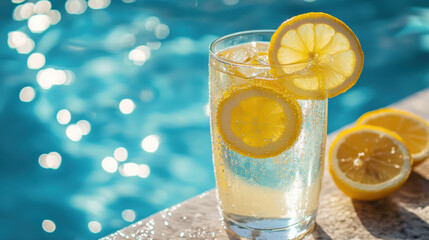 Refreshing glass of sparkling lemonade with lemon slices sits by poolside, evoking sense of summer relaxation