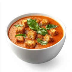 A bowl of creamy tomato soup with fresh basil and croutons. Featuring a comforting, homemade dish