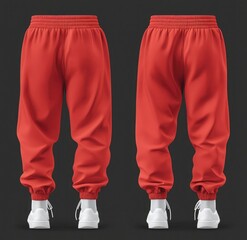Red sweatpants mockup template, front and back view isolated on a transparent background