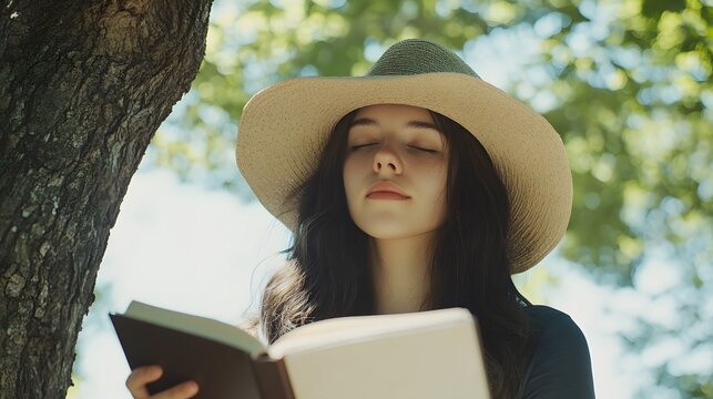 A young woman, wearing a straw hat, reads a book outdoors, leaning against a tree on a sunny day, enjoying nature and peaceful moments.