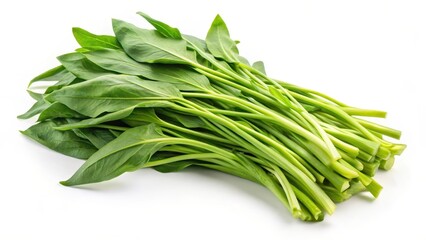 Fototapeta premium Green leafy water spinach isolated on white background with subtle texture, showing its unique shape and veins