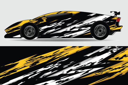 Sleek racing car with dynamic black and yellow graphics on a gray background, showcasing speed