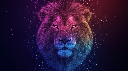 Abstract polygonal lion head portrait in vibrant pink, blue, and red hues on a dark background.