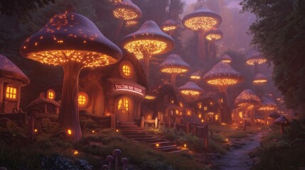 A small village built inside a glowing mushroom forest. 