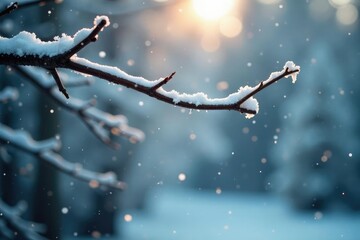 Freshly fallen snowflakes gently falling on a bare tree, cold, fall, soft focus