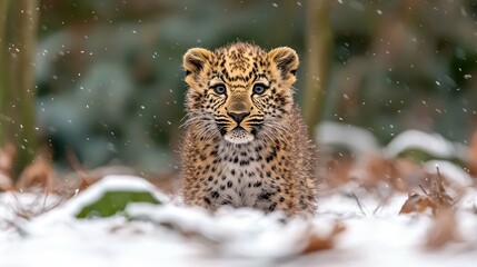 Obraz premium Adorable Leopard Cub in Winter Wonderland: A Stunning Wildlife Snow Scene
