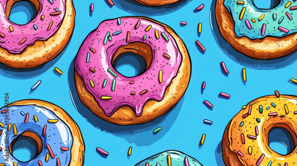 Fototapete bright and playful donuts with rainbow frosting and colorful sprinkles create a fun atmosphere in a 