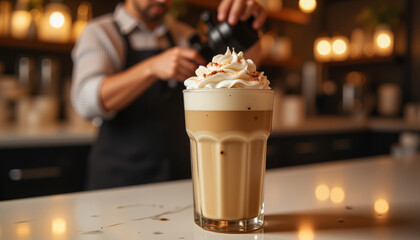 Barista preparing melange coffee on bar counter in soft lighting, relaxation