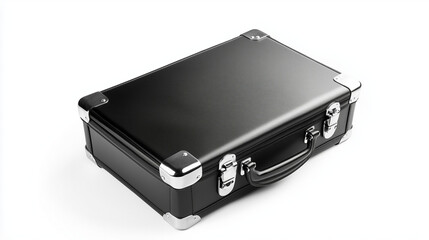 Isolated on a white background, this black padded aluminum briefcase features sturdy metal corners for extra durability.