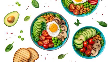 Vibrant breakfast bowls overflowing with fresh avocado, eggs, colorful veggies, and beans, a healthy and delicious start to the day, presented against a clean white background.