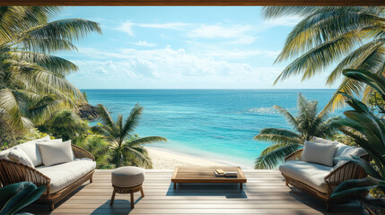 Fototapeta premium Tropical beachfront balcony with cozy seating area and panoramic ocean view, surrounded by lush greenery and palm trees, symbolizing serenity, leisure, and exotic island vacation