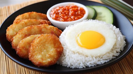 Fried patties, rice, fried egg, and chili sauce