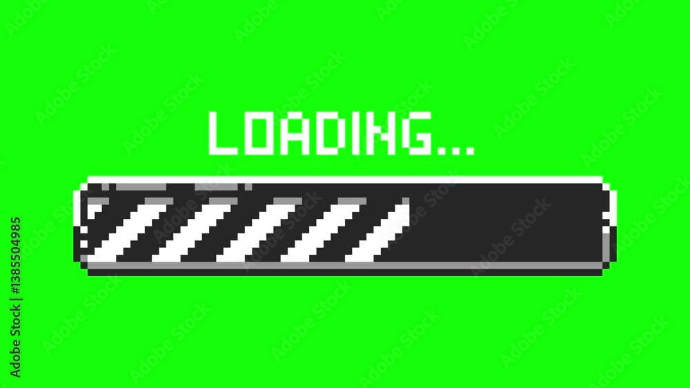 Poster Pixel art loading animation, retro game start, 8-bit download bar screen. Pixelated progress animation. Loading from 0 to 100 percent. Video on green background