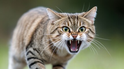 Obraz premium A tabby cat snarling, showing its teeth, in a defensive or aggressive posture, with a blurred background.
