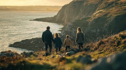 a family standing on a cliff looking out to sea