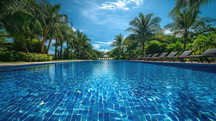Fototapeta premium Tropical luxury resort swimming pool surrounded by lush palm trees and modern architecture, symbolizing relaxation, summer vacation, and high-end leisure experience. Banner with copy space
