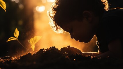A child digging through the ground to find buried treasure.