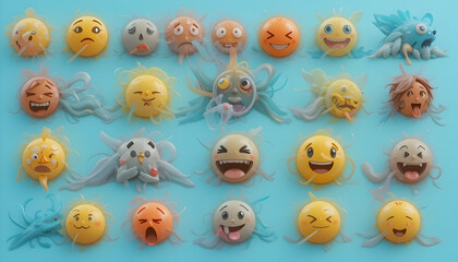 Arrangement of Cartoon Characters Showing Various Facial Expressions on Blue Surface