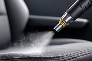 Naklejka premium A spray gun applies a fine mist to a car seat, creating a gentle cleaning or detailing effect.