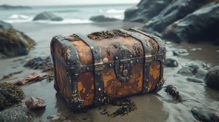 Fototapeta premium Aged treasure chest on beach, waves crashing in the background. Possible use Stock photo