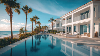 Fototapeta premium Modern white beachfront hotel with infinity pool and palm trees by turquoise sea, representing luxury seaside getaway, exclusive tropical vacation, and serene leisure. Banner with copy space