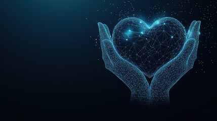 Glowing polygonal heart cradled in hands against a dark blue background.