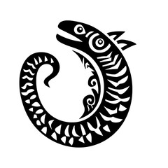 Obraz premium Ornamental coiled fish illustration in black and white with tribal-style patterns, great for decorative tattoos, cultural artwork, and marine graphics.