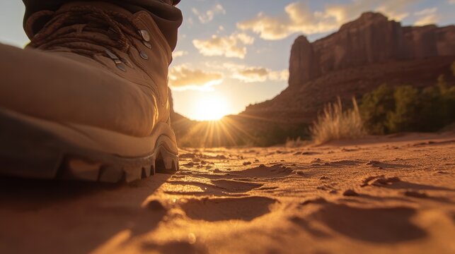 A hikers bootprints leaving a trail in the soft sand of a desert.