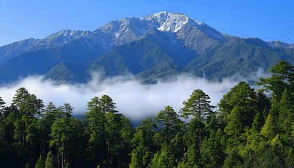 Obraz premium Mountain Peaks, Foggy Forest, Sunrise View