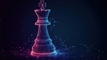 Neon king chess piece, polygonal, abstract digital art.