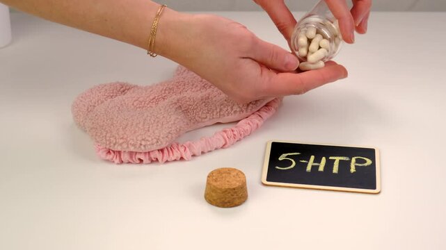 5-HTP sleep supplement capsules. Selective Focus.