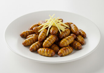 Obraz premium Golden Brown Silkworm Pupae Dish with Ginger Garnish on White Plate