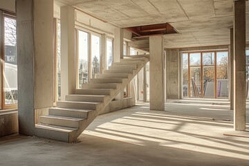 Obraz premium Modern concrete interior of a newly constructed building featuring a staircase and large windows allowing natural light, taken during the day in a construction site