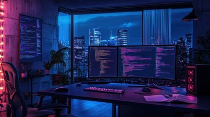 Night city view programmer coding dual monitors home office