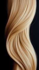 Naklejka premium Soft waves of golden blonde hair exhibiting shine and texture against a dark backdrop showcasing a hairstyle in detail