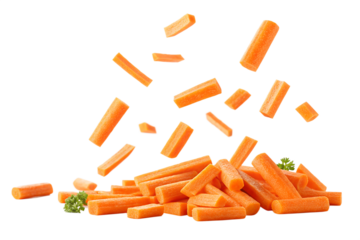 carrot batons flying in the air png Isolated on white background