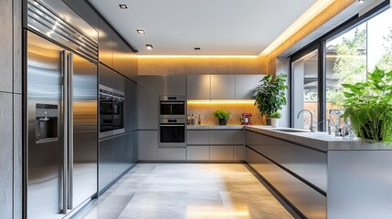Modern kitchen design, stainless steel appliances, garden view, luxury home interior