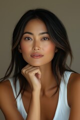 Fototapeta premium Portrait of a woman with soft features and a thoughtful expression indoors