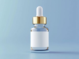 Clear glass dropper bottle with gold cap on a light blue background used for essential oils or liquids for cosmetic purposes