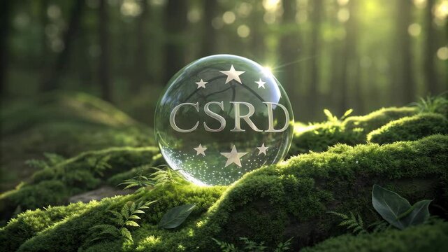 Transparent Glass Sphere with CSRD Letters and Stars on Green Moss in Forest Sunlight and Natures Transparency in Serene Setting