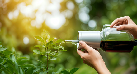 a person waters plant with fertilizers