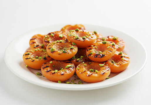 Grilled Apricots with Pistachios on White Plate