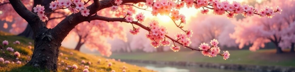 Spring morning light illuminates the blossoming cherry tree, scenery, soft morning light