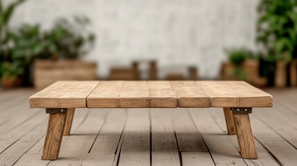 Fototapeta premium Wooden table on a wooden deck surrounded by greenery creating a warm and inviting outdoor atmosphere