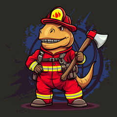 扁平化卡通强壮恐龙手持消防斧消防员