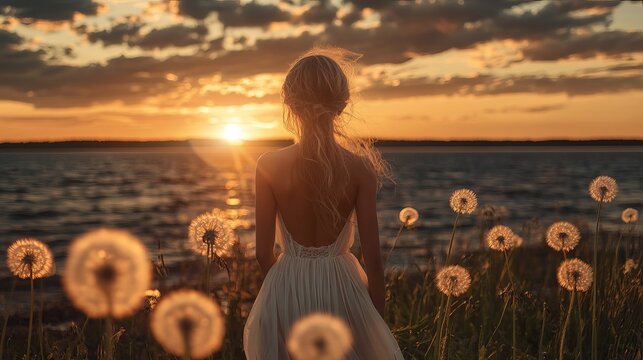 Woman in white dress watching the sunset over the ocean with dandelions in the foreground scenery view