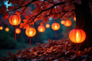 Obraz premium Twinkling lanterns shine amidst the tree foliage, paper, orange, foliage