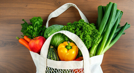 Close-up of a reusable shopping bag filled with organic fruits and vegetables